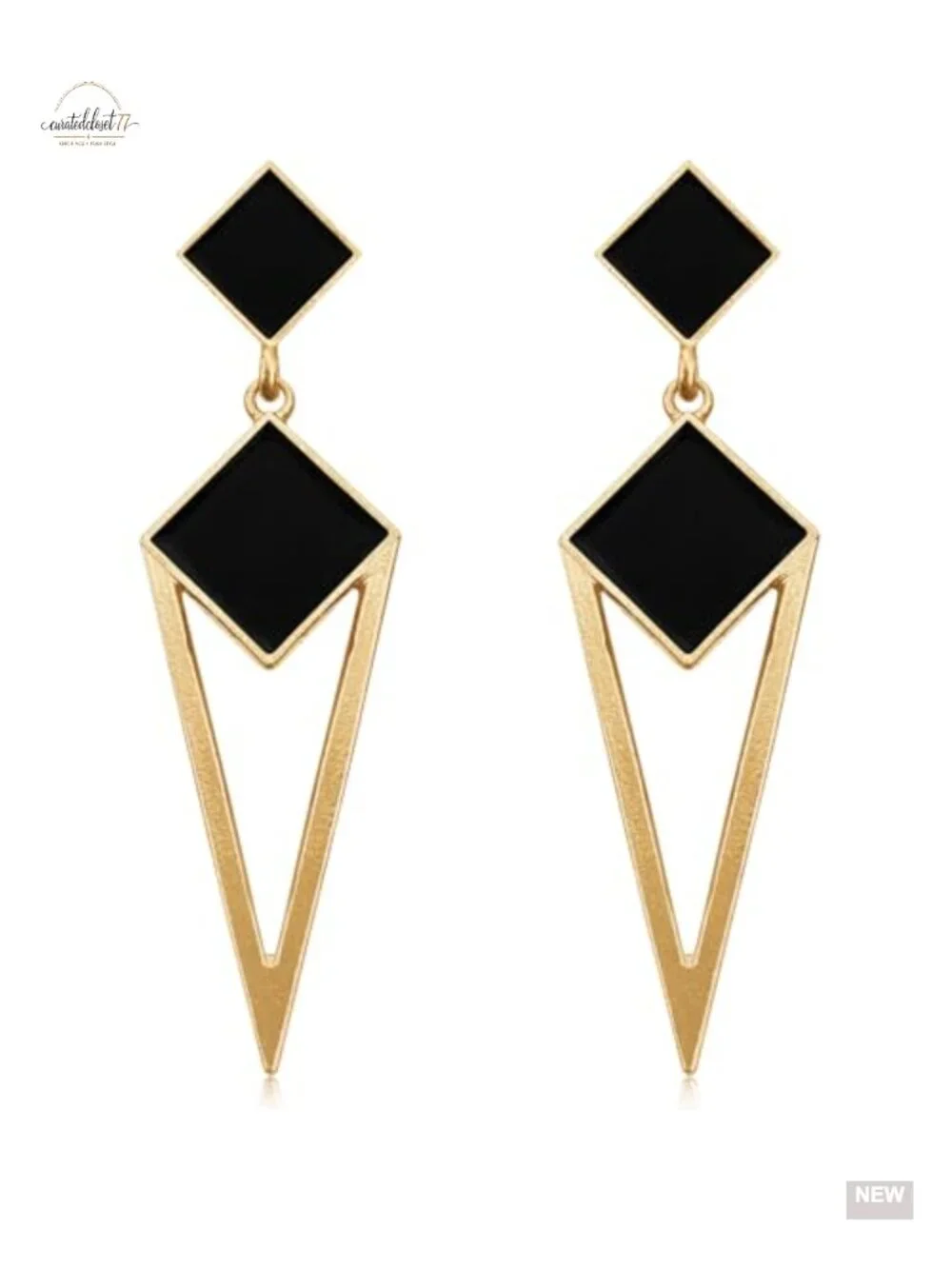 14k Gold Enamel Hollow Triangle Dangle Drop Stud Earrings